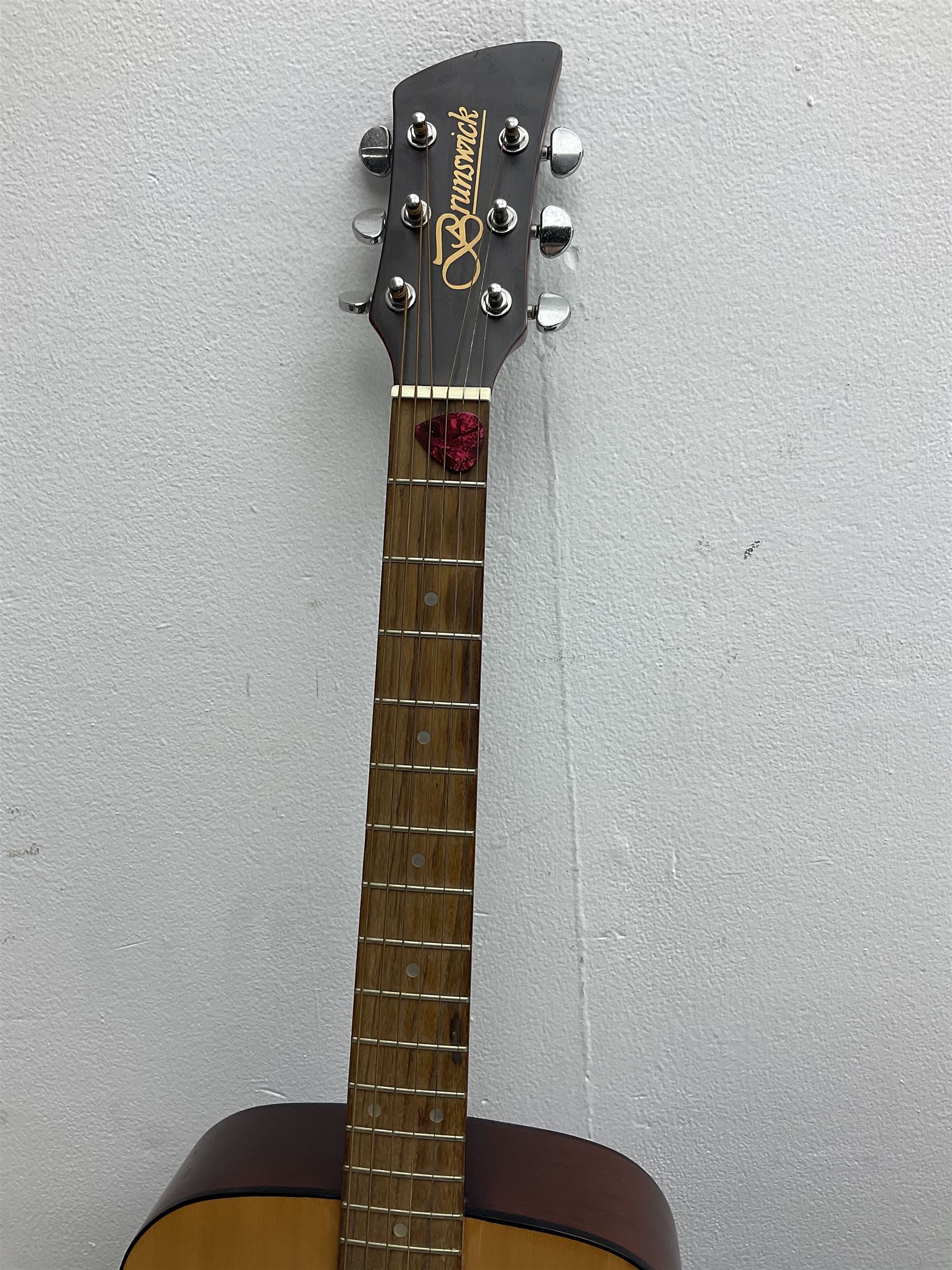 Rally five-string banjo with mahogany solid back L101cm in soft carrying case; and Brunswick Model BF200 acoustic guitar L103cm; with small quantity of instructional DVDs and booklets