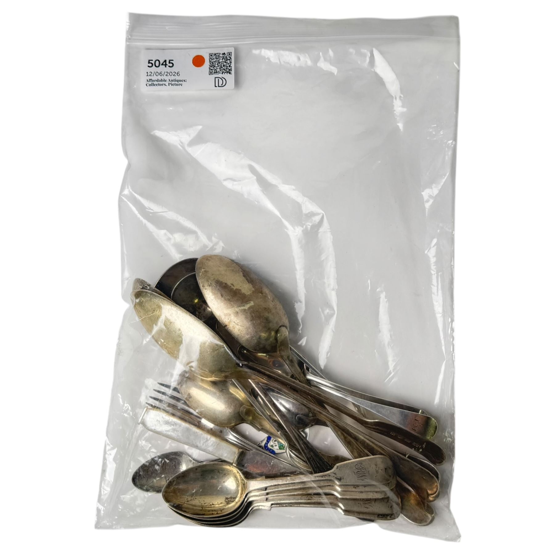 Collection of silver cutlery, including teaspoons, tablespoons, mother of pearl handled butter knife, fork and sugar tongs, all stamped or hallmarked