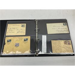 Postcards and postal history, including WWII period items, topographical postcards, military themed postcards including 'Daily Mail Battle Picture', 'War Bond Campaign Post Card' etc, housed in three ring binder albums, and an album containing various photos of men in military uniform dating from the late 1940s