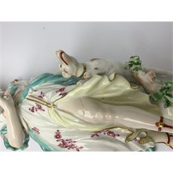 Mid 18th century Derby porcelain figure modelled as Dianna the Huntress, with quiver of arrows upon her back and dog by her side, upon a naturalistically modelled base, with patch marks beneath and collectors labels, H26cm