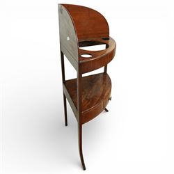 George III mahogany corner washstand, the shaped splash back above a quarter circular top with central basin aperture and flanking soap holes, undertier shelf, single bowed drawer with brass ring handle, raised on slender square and cabriole supports