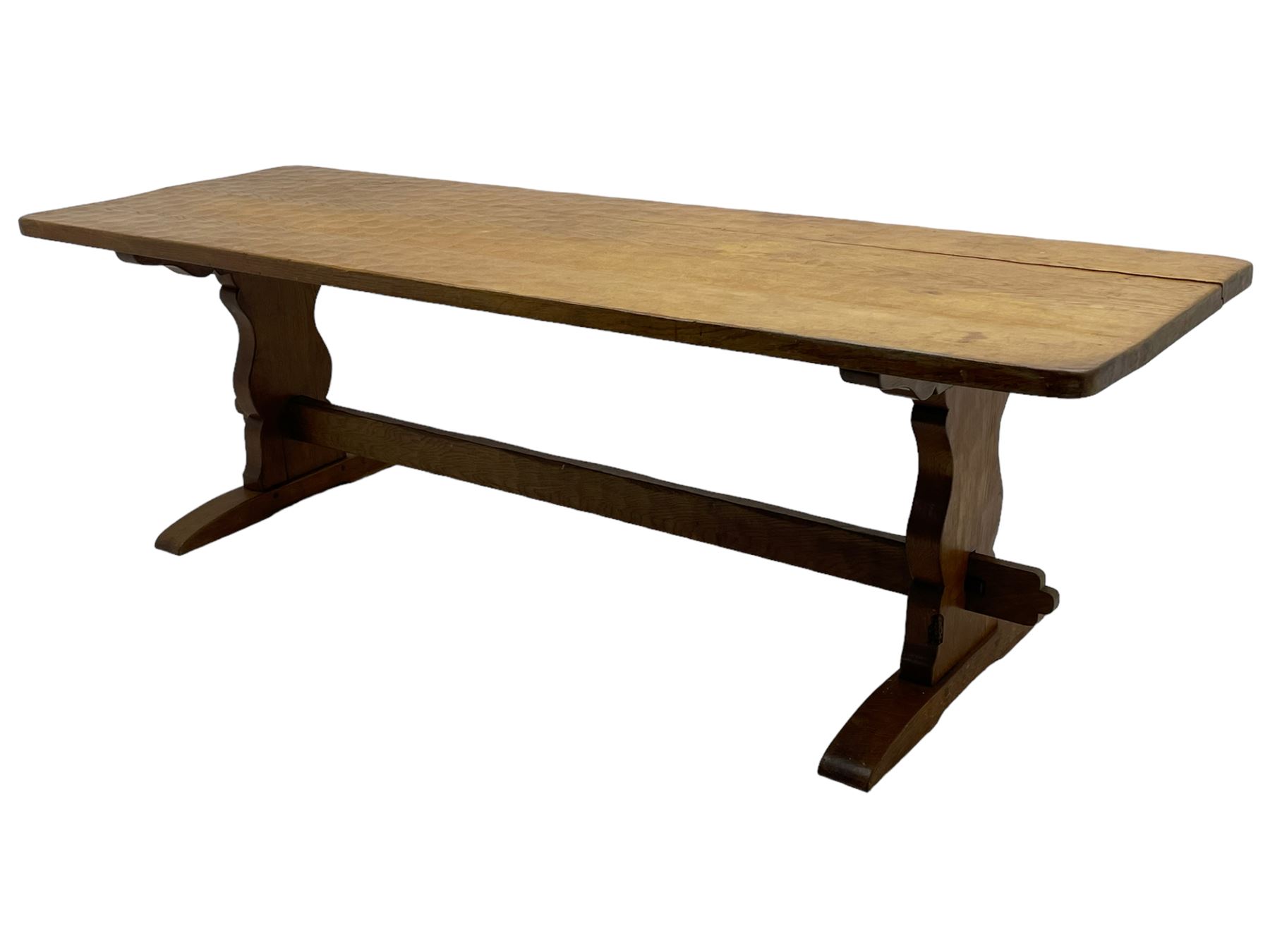 Gnomeman - large oak refectory dining table, rectangular adzed top on shaped end supports with sledge feet, united by pegged stretcher, carved with gnome signature, by Thomas Whittaker, Little Beck