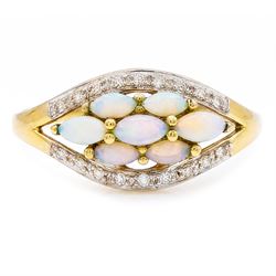 9ct gold opal and diamond cluster ring, seven marquise cut opals, surrounded by diamond ch...