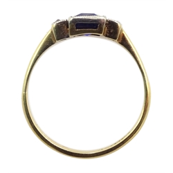 Gold Art Deco synthetic sapphire ring, set with two chip diamonds either side, stamped 18ct & Plat