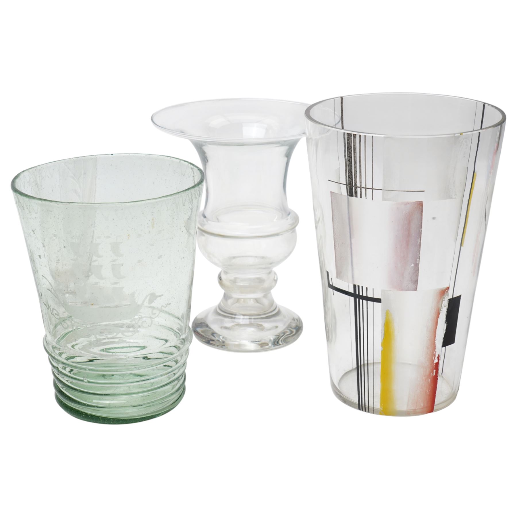 *Collection of hand blown and contemporary decorative glassware examples, to include a set of twelve etched glass ice plates, large trumpet shaped vase with shaped floral decoration, decanter with devil motif, etc
From the Kirkham Hall Attic & Cellar Collection, sold without reserve