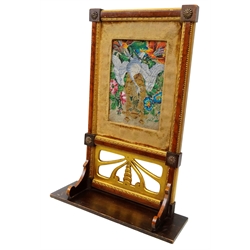  Small 19th century coloured beadwork study of a Swan in a garden landscape, in a giltwood and walnut frame with plain cornice on scroll supports above a pierced frieze, H41cm, W28cm   