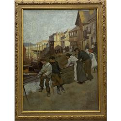 After Stanhope Alexander Forbes (Newlyn School 1857-1947): Figures looking over the Harbour, oil on canvas board bears initials 69cm x 51cm