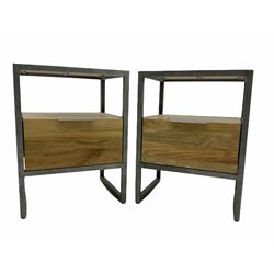 Pair of Industrial design oak and metal framed bedside stands, fitted with single drawer