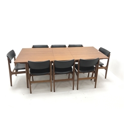 Danish teak extending dining table, single leaf, turned tapering out splayed supports (W210cm extended (W164cm), H74cm, D90cm) and set eight teak framed chairs, upholstered back and seat, square tapering supports (W50cm)