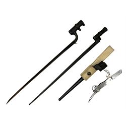 British Pattern 1876 socket bayonet with 43cm steel triangular blade L52cm overall; another socket bayonet with cruciform blade; No.4 Mk.II spike bayonet in metal scabbard with webbing frog; and 1955 Army jack knife by J.H. Thompson Sheffield (4)