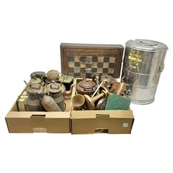 Mauchline ware trinket box and thimble holder, together with copper kettle, two large brown enamel teapots, wooden chess board, brass bell, hot water urn, and other metal ware etc, in three boxes 