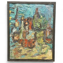 Barry De More (Yorkshire 1948-2023): Still Life of 'Pineapple' and Fruit, gouache oil and impasto on cardboard signed titled and dated 2017 verso 45cm x 35cm
Notes: Acclaimed as one of the North's greatest expressionist artists, Barry De More (1948-2023) used a heavy impasto style to transfer his love of Yorkshire landscapes, townscapes and people to canvas. His work sits comfortably in the company of work by Kossoff and Auerbach, selling to collectors in the UK and overseas. De More's work can be found in the permanent collection of work by Northern Artists at Dean Clough, one of the UK's largest contemporary art galleries.