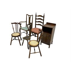 Carved spinning chair, pair beech stick back chairs, Art Nouveau style elbow chair, an oak ladder back chair and a mahogany bedside cabinet (6)