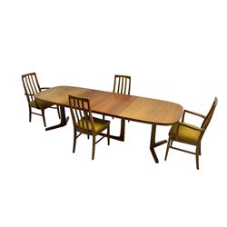 Oluf Theodore Larsen for NMB - mid-20th century teak extending dining table with two additional leaves, on splayed supports (261cm x 95cm x 73cm), and set four (2+2) mid-20th century teak dining chairs with high vertical slatted back on tapered supports (54cm x 51cm x 99cm)