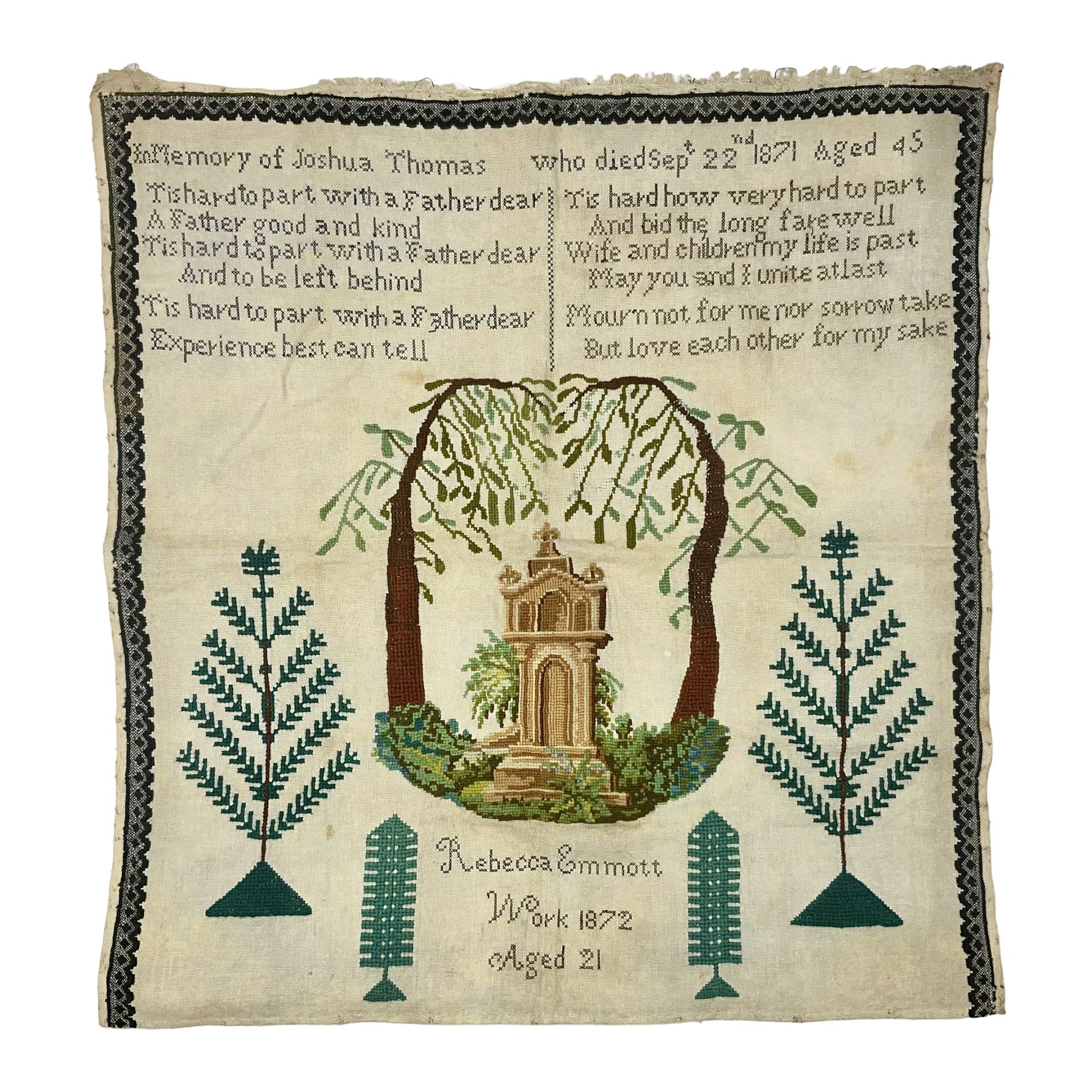 Victorian needlework  picture and verse sampler, 'In memory of Joshua Thomas who died Sep 22nd 1871 age 45', worked by Rebecca Emmott 1872 age 21, H66cm, W61cm 