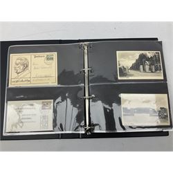 Modern loose leaf album of WW2 German postcards, photographs and other paper ephemera including Adolf Hitler, Luftwaffe, comic, soldier and group portraits, memorial cards, propaganda images, interesting postmarks etc