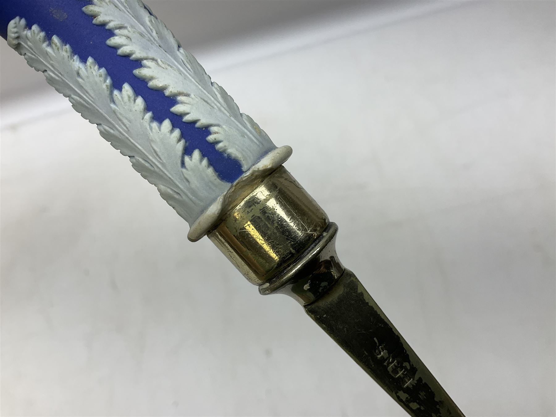 Wedgwood blue Jasperware salad bowl with silver plated collar and matching servers, bowl D22.5cm