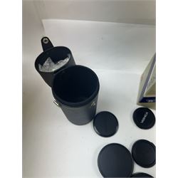 Group of camera lenses, comprising Yashica AF 70-210mm 1:4.5 58mm lens serial no. F6106983, boxed, Yashica AF 35-70mm 1:3.3-4.5 52mm Macro lens serial no. F60231147, Yashikor Aux Wide Angle 1:4 lens and a Yashikor Aux Tele-Photo 1:4 lens, Mamiya-Sekor E 1:2.8 f=28mm serial no. 13427 and a Mamiya-Sekor Zoom E 1:4 f=80-200mm lens serial no. 11271