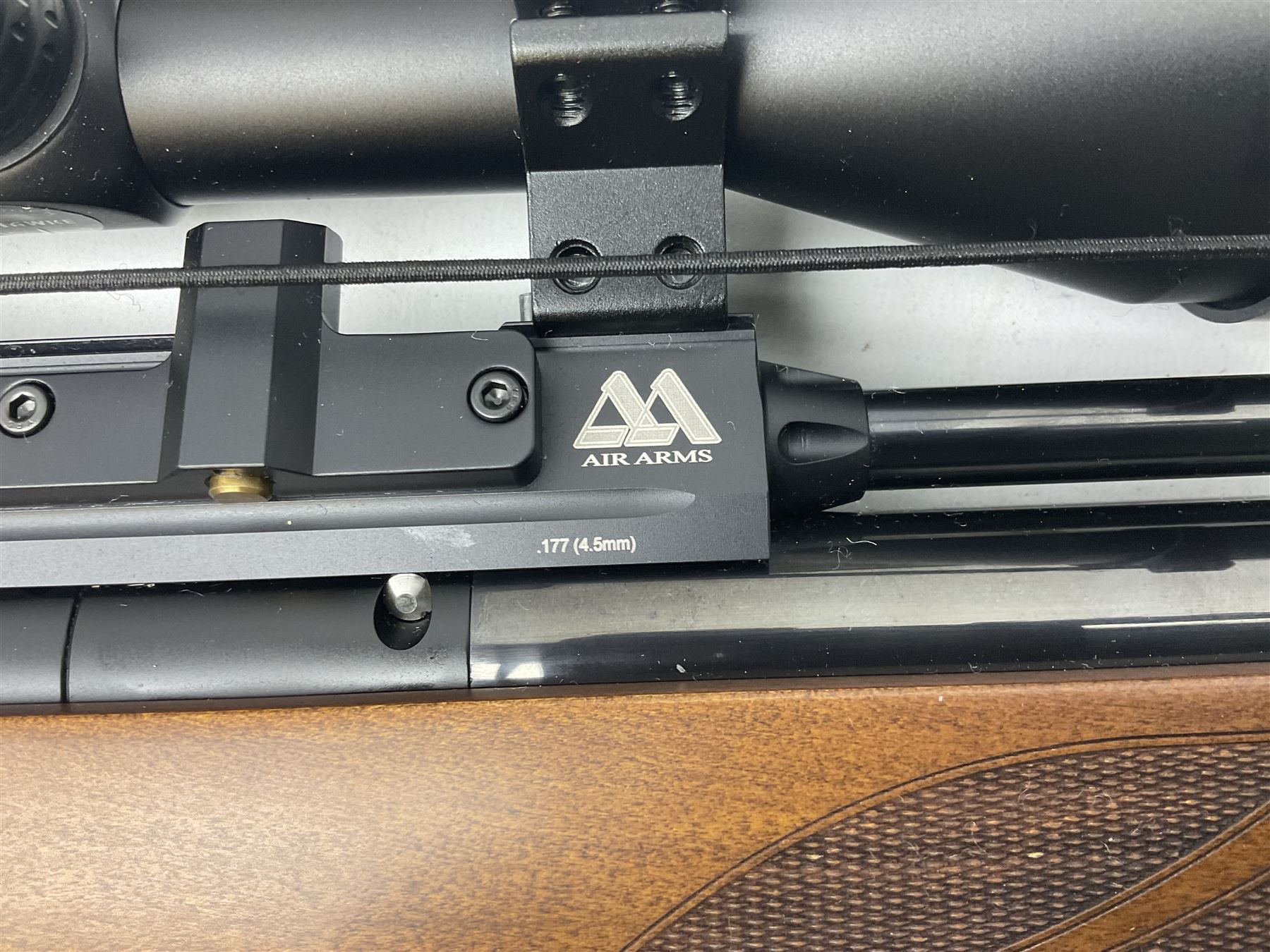 Air Arms Model S410F Classic .177 multi-shot compressed air rifle with bolt action, underside pressure gauge, chequered pistol grip, moderator and Hawke Sport HD 3-9x50 scope L112cm; in Anglo Arms camouflage sleeve with spares, tool kit, magazine and instruction manual