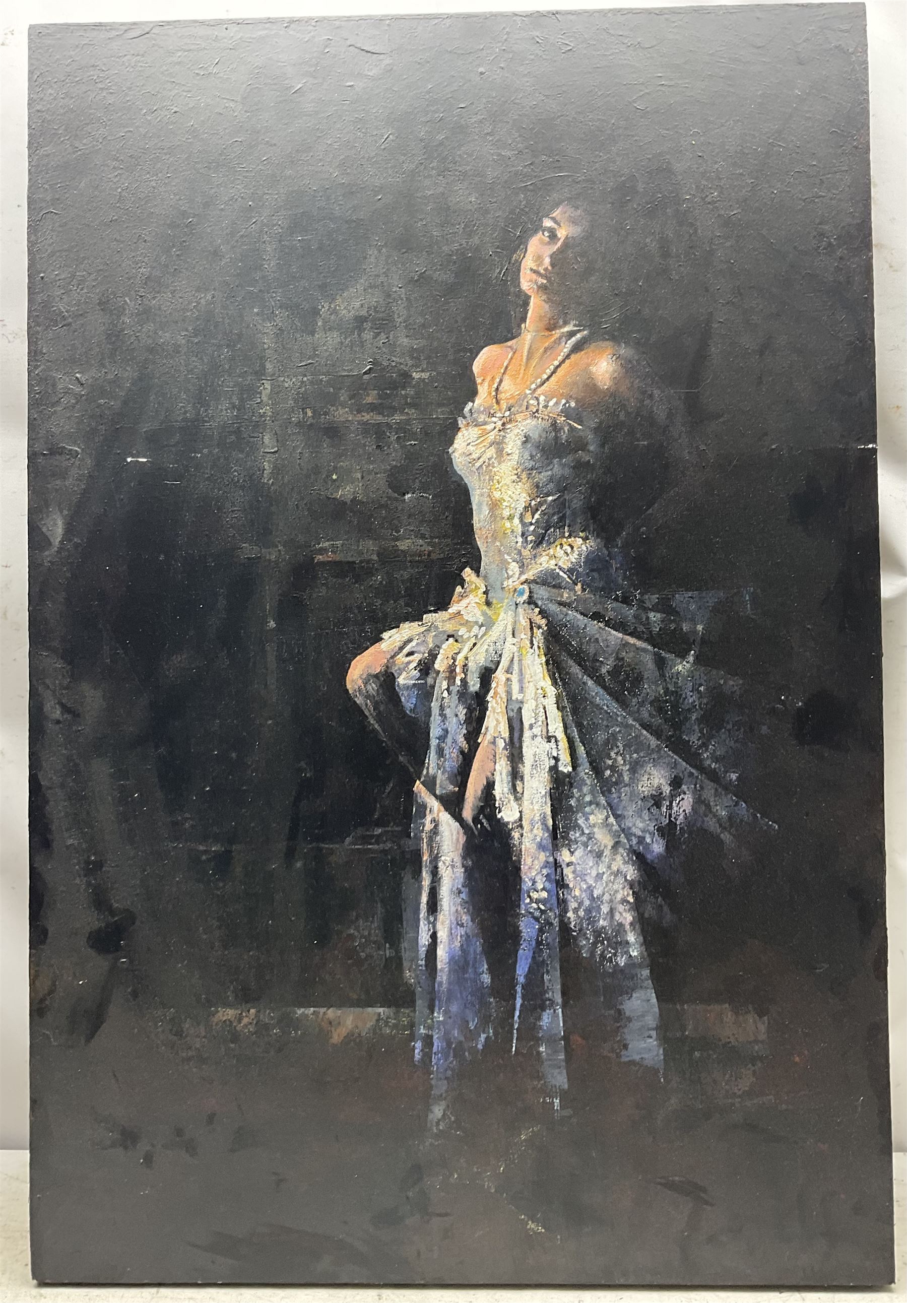 Brian Tozer (British 1944-): 'The White Dress', acrylic on board signed and titled on label verso 92cm x 61cm