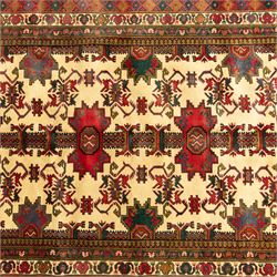 North East Persian Gochan hand-knotted rug, ivory field decorated with a vertical column of stepped polygonal medallions flanked by stylized geometric floral motifs enclosed by multiple borders incorporating rosette and reciprocal devices, in a palette of madder red, indigo, olive green, and aubergine, with cotton fringe ends  