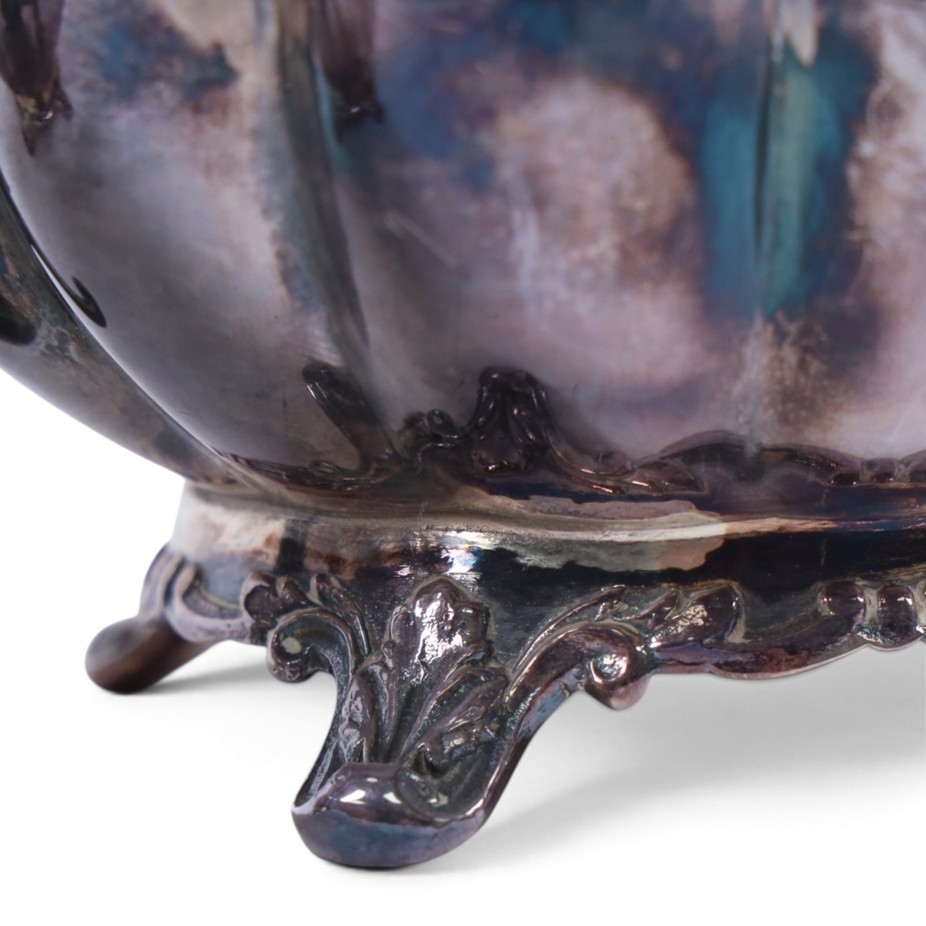 Early 20th century silver plated four piece melon-shaped tea service by James Dixon & Son Sheffield, comprising teapot, hot water jug, milk jug and open sucrier, together with a silver plated twin handled tray with engraved floral decoration
