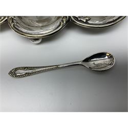 Sheffield silver-plated cruet set, comprising mustard pot, open glass salt and pepper pot on stand, together with a collection of silver plated spoons