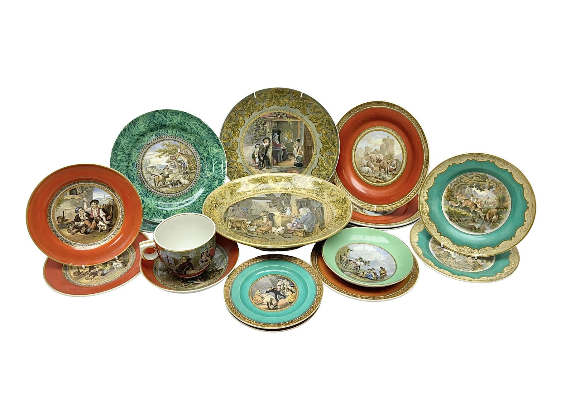 19th century Prattware table ware to include an oval footed dish decorated with a scene after Landseer 'Highland Music', retailed by James Muggleton L27.5cm, ‘The Truant’ plate after T. Webster, 'Blind Man's Buff' & 'Snap Dragon' tea plate, two side plates with malachite printed borders and others (17)
