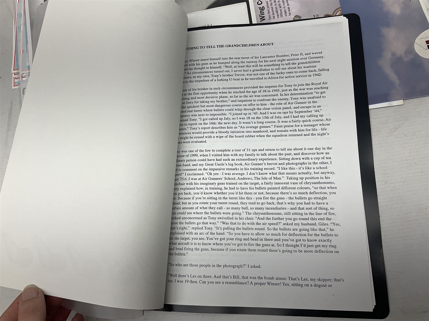 76 Squadron - small archive of photographs, signatures etc; signed copy of Conversations with a Rear gunner by Tony Winser; and collection of signatures of WW2 pilots and aircrew, some original but most facsimile/copies, including Lt. Col. W.A. Bishop VC, DSO, MC, DFC, Johnnie Johnson, Bomber Command etc
