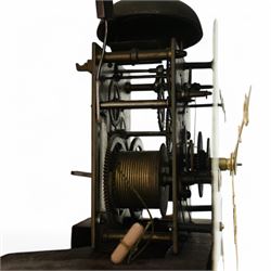 James Hall of Newcastle-Late19th century mahogany longcase clock c1870, with a swan necked pediment and break arch hood door beneath flanked by ring turned pilasters, trunk with half-round inset pilasters and a short panelled trunk door, on a square plinth with a recessed panel, painted dial with spandrels depicting country cottages and a coastal scene of a child and fisherman to the arch, with Roman numerals, minute track, date and seconds dial and stamped brass hands, dial attached via a false plate to a rack striking movement striking the hours on a bell. With weights and pendulum. 
James Hall is recorded as working  from King Street Newcastle-upon-Tyne from 1850 onwards. 
This clock was the subject of a detailed article on both the clock and maker, published in CLOCKS magazine in 2009. 