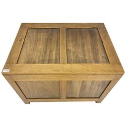 20th century panelled oak blanket chest, rectangular hinged top, raised on square supports