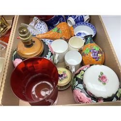 Newhall Boumier Ware vase, two Maling lustre bowlsmParagon George V commemorative cup, collection of ceramics and coloured and cut glassware, etc, in three boxes