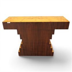 Art Deco style burr walnut console table, rectangular top fitted with a single frieze drawer with chrome pull handles, on stepped pedestal support and plinth base