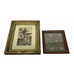 Framed and glazed embroidered prayer book cover, depicting fruiting vines, overall H20.5cm L19.5cm, together with a gilt framed print of an engraving after Albrecht Durer, overall H32cm L26.5cm