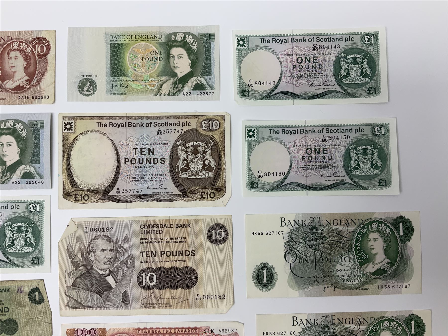 Banknotes including Bank of England Page Series D one pounds, other one pound notes, various The Royal Bank of Scotland Limited denominations, Clydesdale Bank Limited ten pounds 31st January 1979 ‘D/BD 060182’ etc 