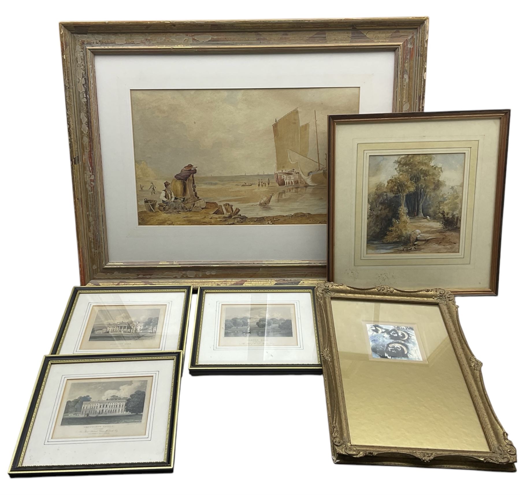 Two original watercolours, one indistinctly signed Frank *, framed print of sheep and three engravings (6)