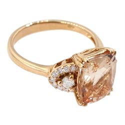 18ct rose gold radiant cut morganite and round brilliant cut diamond cluster ring, stamped 750, morganite approx 3.05 carat