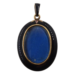 Victorian black enamel mourning pendant, with gold mounted seed pearl decoration, gold mourning ring, with plated hair shank and seed pearl mourning brooch