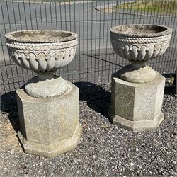 Pair of cast stone classic garden urns on hexagonal pedestal base with plinth - THIS LOT IS TO BE COLLECTED BY APPOINTMENT FROM DUGGLEBY STORAGE, GREAT HILL, EASTFIELD, SCARBOROUGH, YO11 3TX