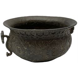 Small antique Chinese bronze censer, with ruyi handles and decorated in light relief with scrolling mythical beasts and characters, with indistinct seal mark beneath, D13cm
