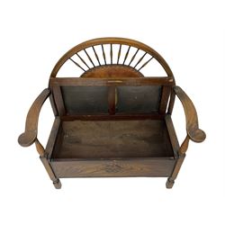 Early 20th century elm and beech hall bench, arched spoke back over hinged box seat, upholstered in brown leather with studwork, turned supports