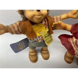 Group of Steiff figures, comprising Mikki and Mukki, circa 1950s no 7628/12 and 7627/12, with original tags, two hedgehogs no 1570/10, and another smaller 1670/03, small owl no 7480/06, and painted metal Steiff harlequin style bear