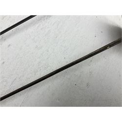 Reproduction Japanese katana with 63cm slightly curving fullered steel blade, ornate tsuba, cord bound grip and gilt transferred black saya L92cm; and two fencing foils, one marked Leon Paul (3)