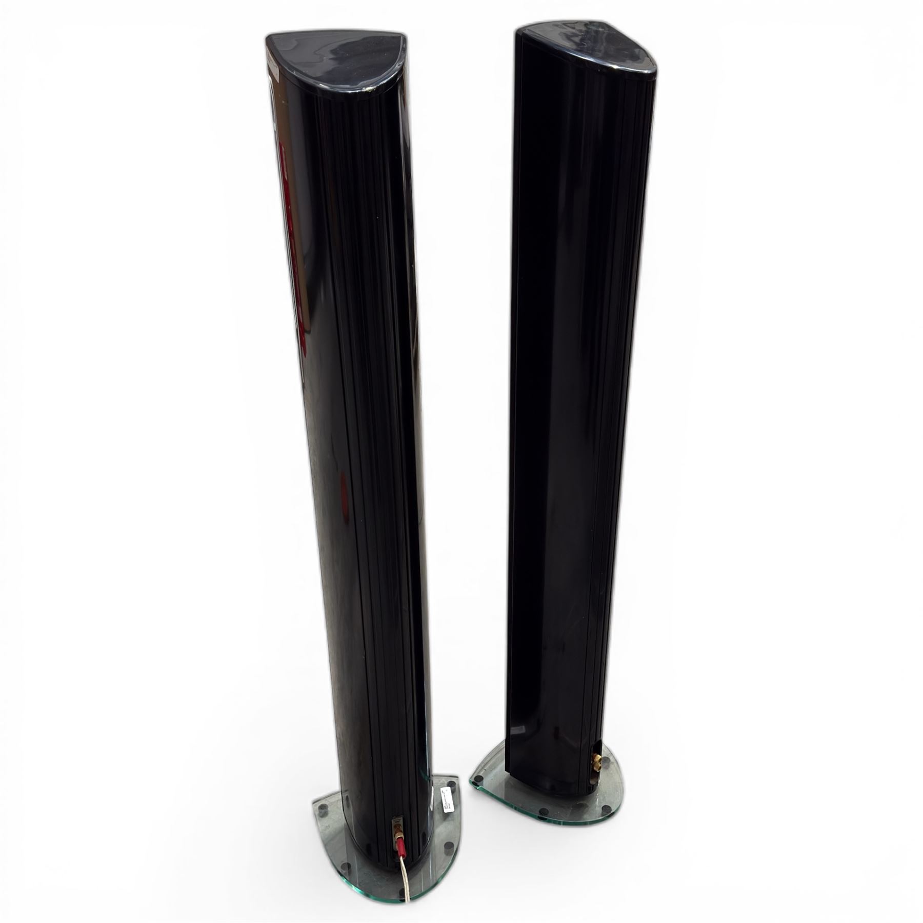 pair of 'Definitive' speakers on glass stands, speakers H120cm