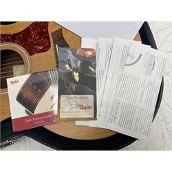 2008 Taylor Model 114 acoustic guitar with mahogany back and ribs and spruce top, serial no.20080825837, L104.5cm; in Taylor hard carrying case with paperwork