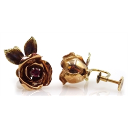  14ct yellow and rose gold rose brooch set with ruby and pair of matching earrings stamped 14kt retailed H W Beattie & Sons Cleveland in original boxes  