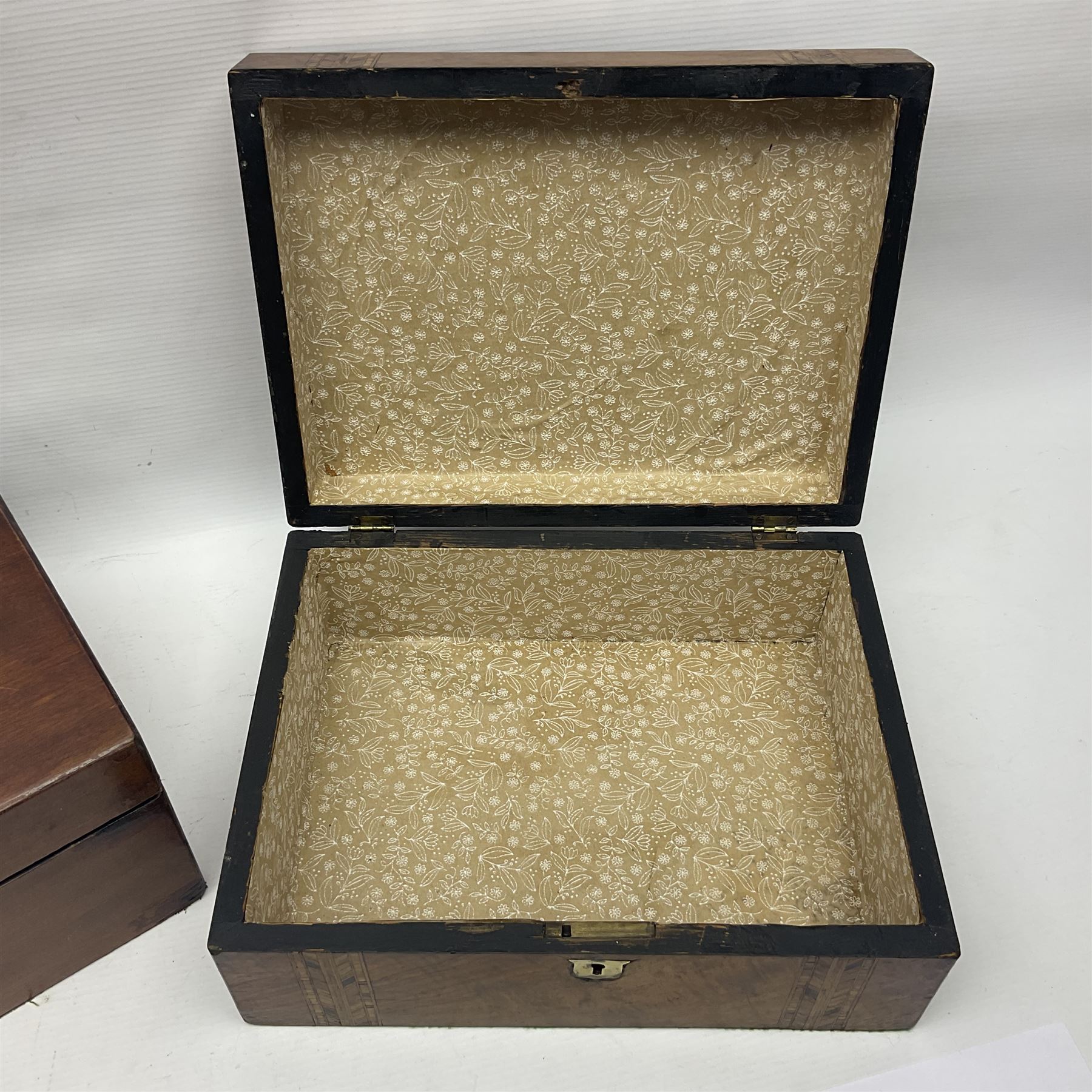 Victorian walnut and parquetry banded work box with brass shield and escutcheon, L30cm, together with mahogany writing slope with green baize writing surface, L35cm