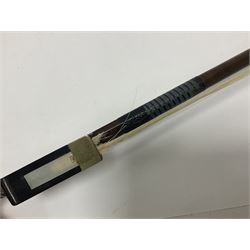 Wooden double bass bow with a mother of pearl inlay to the frog Length 71cm