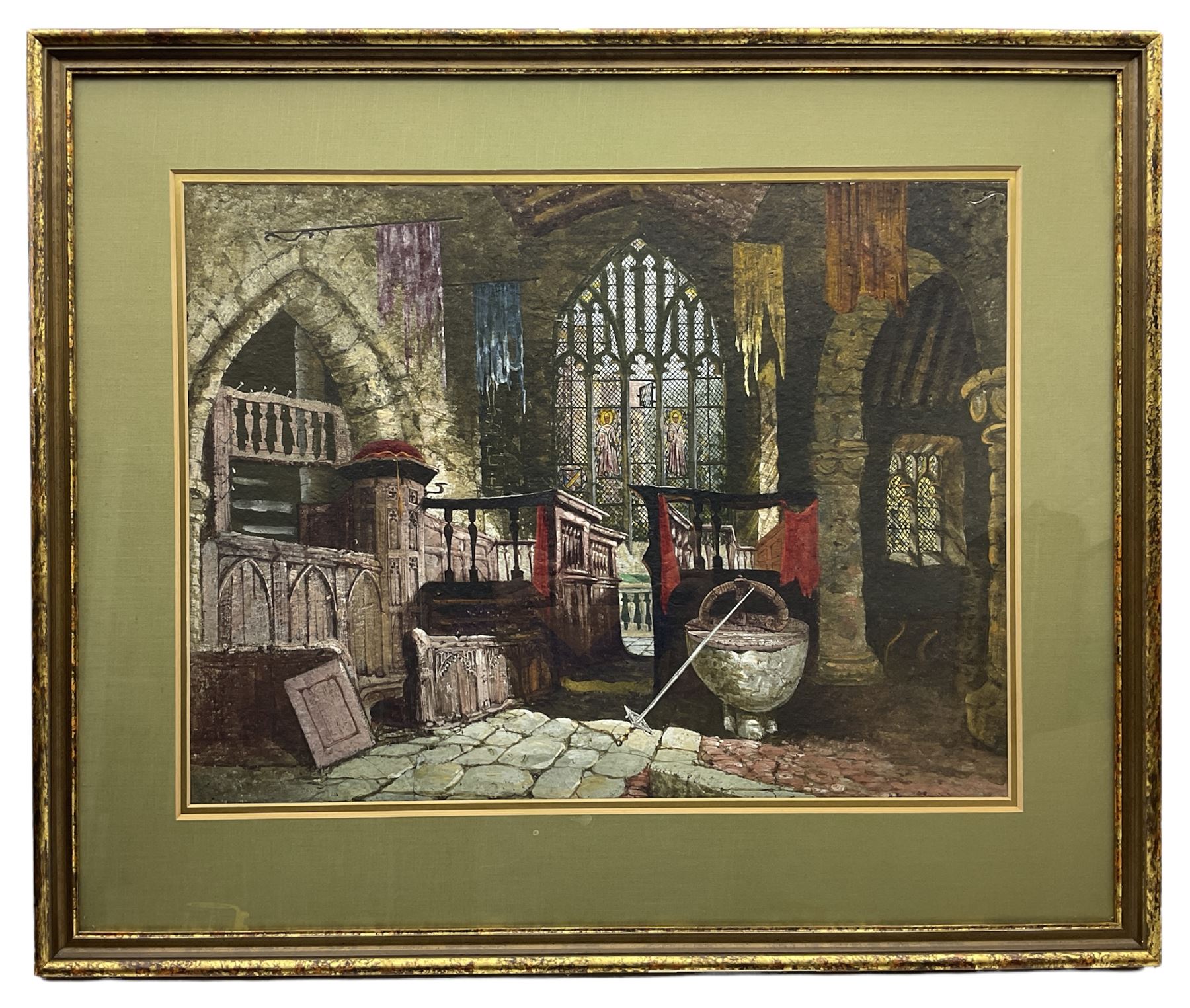 Attrib. Margaret Rayner (British 1837-1920): Baron's Chapel at Haddon Hall, watercolour and gouache unsigned 46cm x 60cm