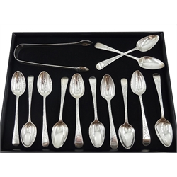 Twelve George III and later silver teaspoons and pair of George III silver sugar tongs by George Wintle, London 1808, approx 6oz